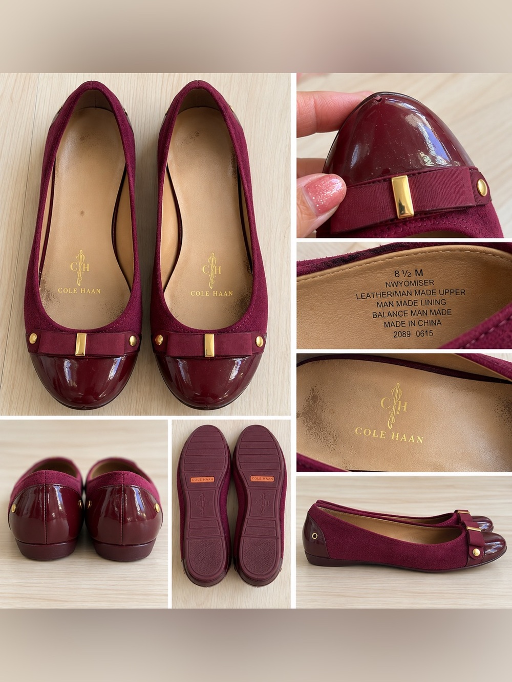 Cole Haan Burgundy Suede and Patent Ballet Flats with Gold Accent